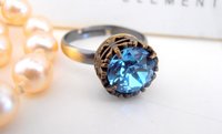 Aquamarine Blue Crystal Bronze Filigree Adjustable Ring, Gothic, Solitaire Stackable Ring, Antique Jewelry Gift