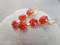 Hyacinth Orange Crystal Three Stone Dangle Earrings in Gold Rivoli Lever back Drop Earrings Statement Jewelry Anniversary Gift for Wife