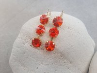 Hyacinth Orange Crystal Three Stone Dangle Earrings in Gold Rivoli Lever back Drop Earrings Statement Jewelry Anniversary Gift for Wife