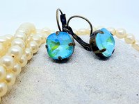 Mint Blue Square Dangle Earrings in Antique Bronze