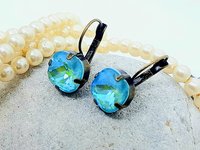 Mint Blue Square Dangle Earrings in Antique Bronze