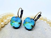 Mint Blue Square Dangle Earrings in Antique Bronze