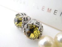 Khaki Green Crystal Earrings | Filigree Platinum Studs Birthday Gift 