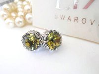 Khaki Green Crystal Earrings | Filigree Platinum Studs Birthday Gift 