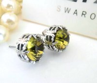 Khaki Green Crystal Earrings | Filigree Platinum Studs Birthday Gift 