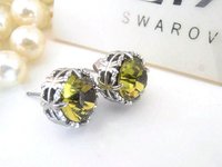Khaki Green Crystal Earrings | Filigree Platinum Studs Birthday Gift 