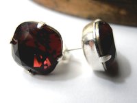 Red Burgundy Cushion Cut Stud Earrings in Silver