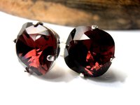 Red Burgundy Cushion Cut Stud Earrings in Silver