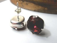Red Burgundy Cushion Cut Stud Earrings in Silver