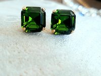 Olivine Imperial Cut Stud Earrings | Gold Square Crystal Earrings