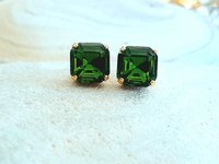 Olivine Imperial Cut Stud Earrings | Gold Square Crystal Earrings