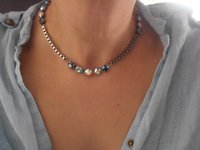 Blue Crystal Box Chain Necklace in Silver, Tennis Collet,  Everyday Jewelry for Women, Gift For Sister