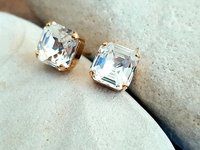 Square Crystal Stud Earrings | Gold Asscher Cut Wedding Day Earrings
