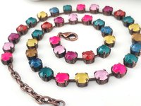 Multi-colored Rhinestone Tennis Necklace in Antique Copper Plated