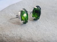 Olivine Oval Crystal Stud Earrings in Silver Plating | Olive Green Oval Studs