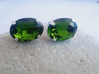 Olivine Oval Crystal Stud Earrings in Silver Plating | Olive Green Oval Studs