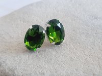 Olivine Oval Crystal Stud Earrings in Silver Plating | Olive Green Oval Studs