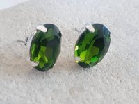 Olivine Oval Crystal Stud Earrings in Silver Plating | Olive Green Oval Studs