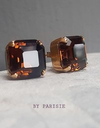 Mocca Brown Asscher Stud Earrings in Gold Plated