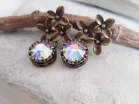 Aurora Borealis Flower Dangle Earrings in Antique Bronze 