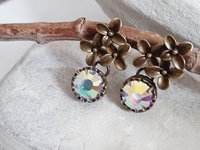 Aurora Borealis Flower Dangle Earrings in Antique Bronze 