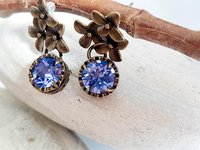 Flower Tanzanite Dangle Earrings Antique Bronze Jewelry Austrian Crystal Earrings Nature-Inspired, Vintage Style Floral Gift for Daughter