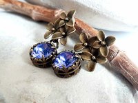 Flower Tanzanite Dangle Earrings Antique Bronze Jewelry Austrian Crystal Earrings Nature-Inspired, Vintage Style Floral Gift for Daughter