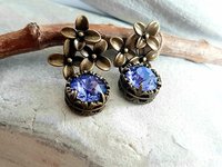 Flower Tanzanite Dangle Earrings Antique Bronze Jewelry Austrian Crystal Earrings Nature-Inspired, Vintage Style Floral Gift for Daughter