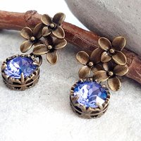 Flower Tanzanite Dangle Earrings Antique Bronze Jewelry Austrian Crystal Earrings Nature-Inspired, Vintage Style Floral Gift for Daughter