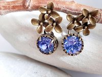 Flower Tanzanite Dangle Earrings Antique Bronze Jewelry Austrian Crystal Earrings Nature-Inspired, Vintage Style Floral Gift for Daughter