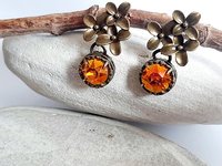 Astral Pink Floral Dangle Earrings Antique Bronze Jewelry Austrian Crystal Flower Earrings Nature-Inspired, Vintage Style Gift for Partner
