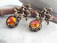 Astral Pink Floral Dangle Earrings Antique Bronze Jewelry Austrian Crystal Flower Earrings Nature-Inspired, Vintage Style Gift for Partner