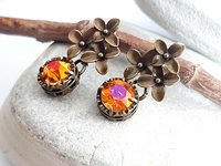 Astral Pink Floral Dangle Earrings Antique Bronze Jewelry Austrian Crystal Flower Earrings Nature-Inspired, Vintage Style Gift for Partner