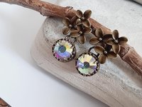 Aurora Borealis Flower Dangle Earrings in Antique Bronze 