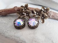 Aurora Borealis Flower Dangle Earrings in Antique Bronze 