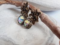 Aurora Borealis Flower Dangle Earrings in Antique Bronze 