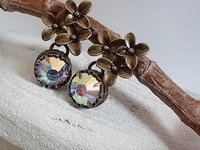 Aurora Borealis Flower Dangle Earrings in Antique Bronze 