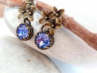 Flower Tanzanite Dangle Earrings Antique Bronze Jewelry Austrian Crystal Earrings Nature-Inspired, Vintage Style Floral Gift for Daughter