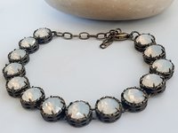 Antique Bronze Bracelet with White Opal Crystals Art Deco Rhinestone Bracelets for Women Unique Filigree Jewelry for Birthday Gift for Mum