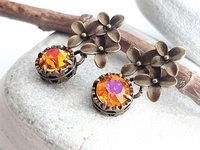 Astral Pink Floral Dangle Earrings Antique Bronze Jewelry Austrian Crystal Flower Earrings Nature-Inspired, Vintage Style Gift for Partner