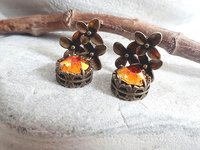 Astral Pink Floral Dangle Earrings Antique Bronze Jewelry Austrian Crystal Flower Earrings Nature-Inspired, Vintage Style Gift for Partner