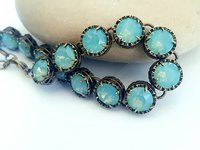 Antique Bronze Bracelet with Pacific Opal Crystals Art Deco Rhinestone Blue Bracelets, Women Unique Filigree Jewelry, Birthday Gift for Mum