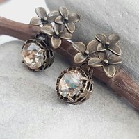 Vintage Floral Crystal Earrings – Antique Bronze Drop Earrings with Austrian Crystals, Romantic Nature-Inspired Jewelry for Women, Mum Gift
