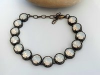 Antique Bronze Bracelet with White Opal Crystals Art Deco Rhinestone Bracelets for Women Unique Filigree Jewelry for Birthday Gift for Mum