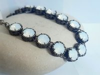 Antique Bronze Bracelet with White Opal Crystals Art Deco Rhinestone Bracelets for Women Unique Filigree Jewelry for Birthday Gift for Mum