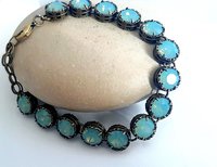 Antique Bronze Bracelet with Pacific Opal Crystals Art Deco Rhinestone Blue Bracelets, Women Unique Filigree Jewelry, Birthday Gift for Mum