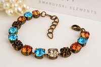 Antique Bronze Crystal Bracelet Vintage Style Cup Chain Bracelets with Austrian Rhinestones Blue & Honey Topaz Jewelry Gift for Sister