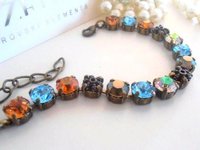 Antique Bronze Crystal Bracelet Vintage Style Cup Chain Bracelets with Austrian Rhinestones Blue & Honey Topaz Jewelry Gift for Sister