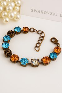 Antique Bronze Crystal Bracelet Vintage Style Cup Chain Bracelets with Austrian Rhinestones Blue & Honey Topaz Jewelry Gift for Sister