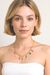 Gold Heart Chain Necklace with Charms | Enamel Fish and StarsGold Stainless steel